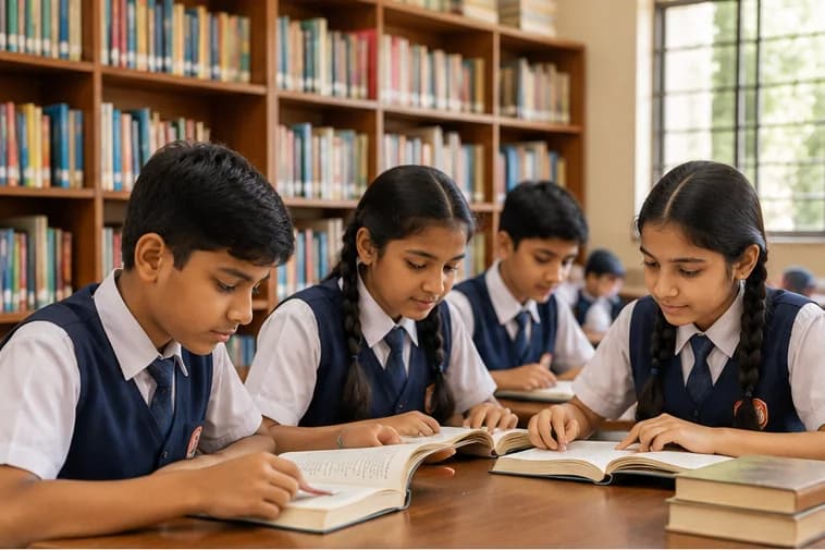 Illustrative students reading books together in a school library.